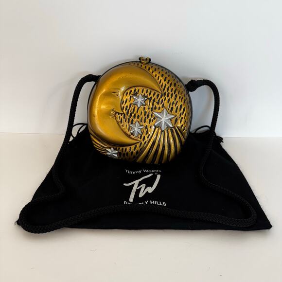 Timmy Woods Stars and Moon Wood Clutch Minaudiere Crossbody Bag Gold Black - Picture 2 of 14